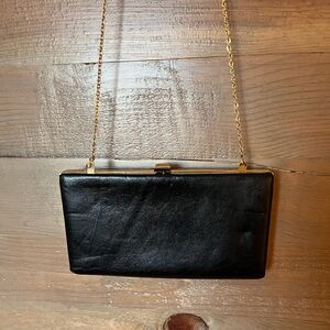 Vintage Black Leather Clutch with Gold Chain